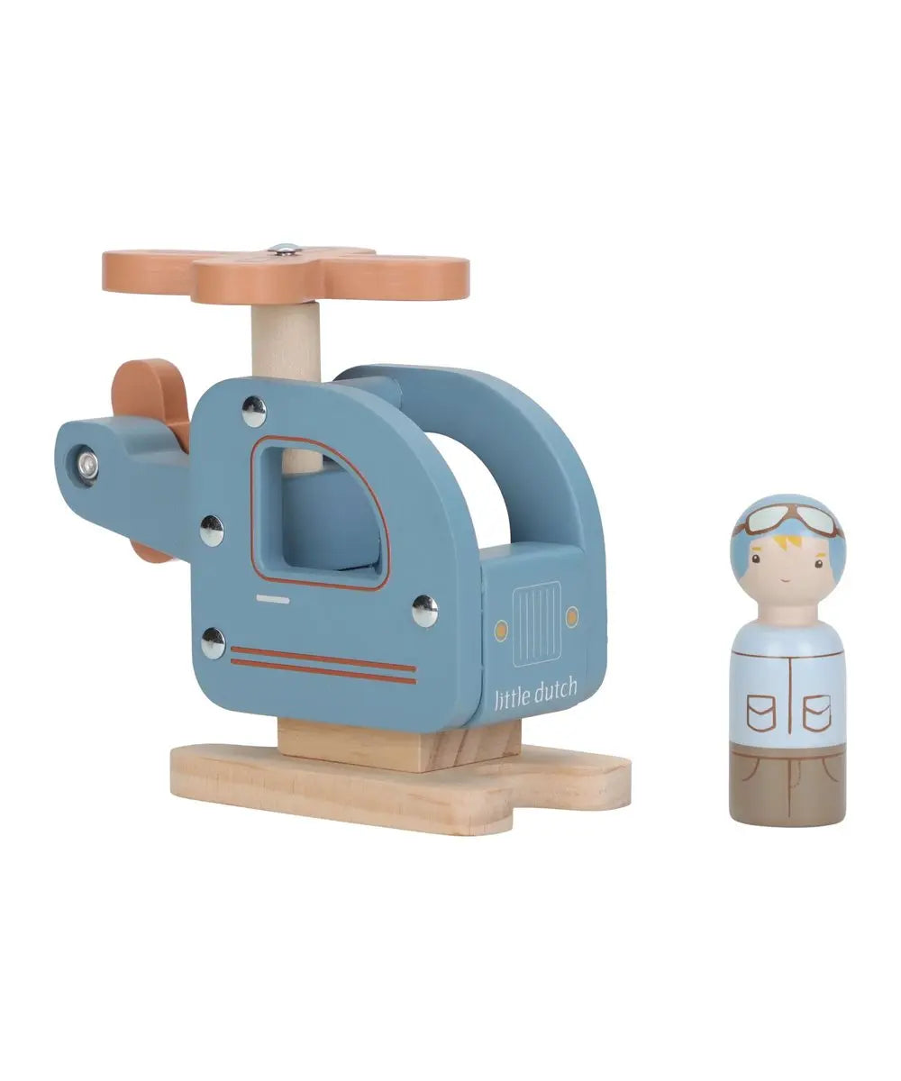 Hélicoptère en bois jouet - Bleu Little Dutch vu de face sur fond blanc