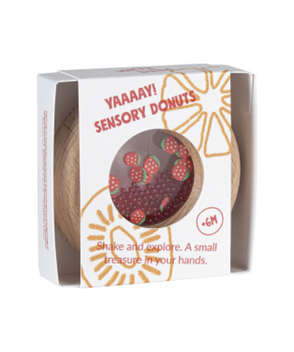 Boîte du hochet sensoriel Donut Fraises de la marque Petit Boum, sur fond blanc