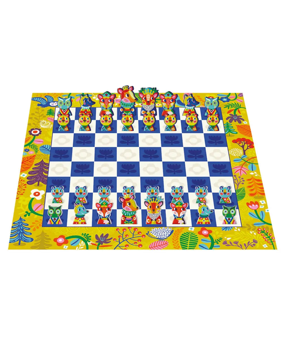 Jeu d echecs en bois pour enfant au coeur de la foret auzou illustre par helen dardik.
