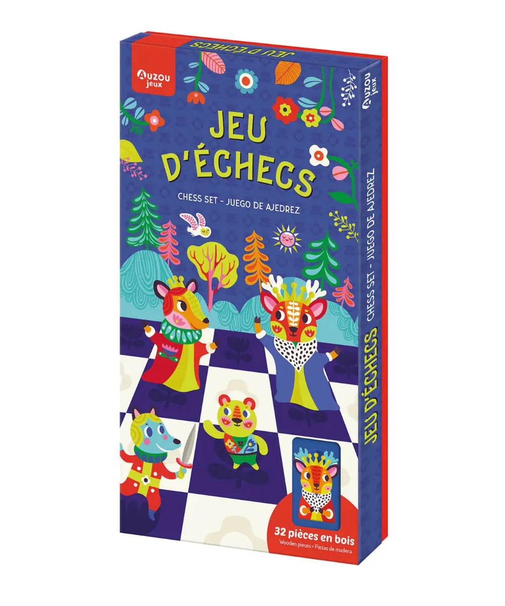 Jeu d echecs en bois pour enfant au coeur de la foret auzou illustre par helen dardik.