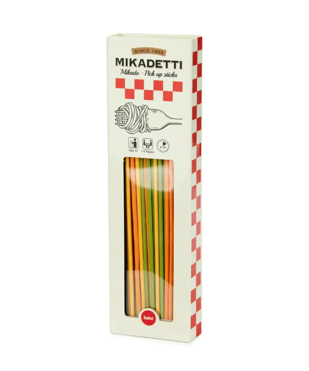 Vue du packaging du jeu de Mikado de Balvi en forme de paquet de spaghettis