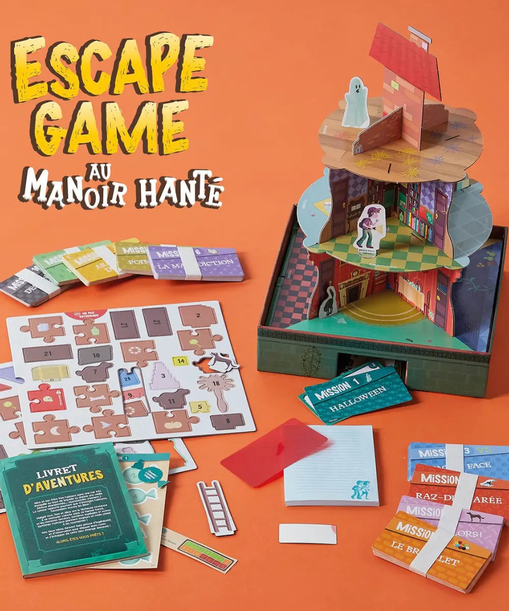 Grand jeu Escape game au manoir hante des éditions Auzou. Un coffret d'énigmes et de cartes pour enfant.