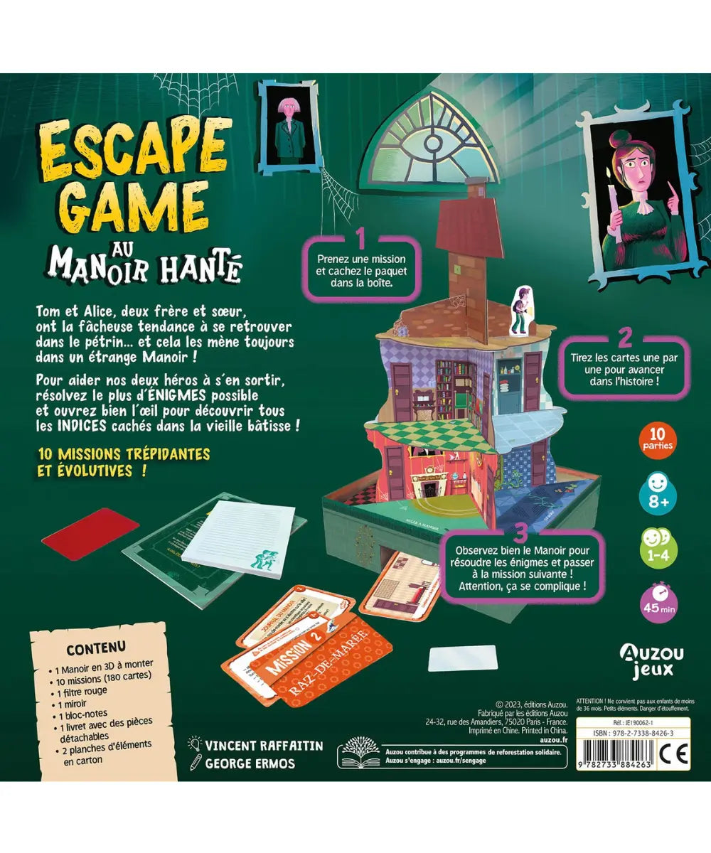 Grand jeu Escape game au manoir hante des éditions Auzou. Un coffret d'énigmes et de cartes pour enfant.