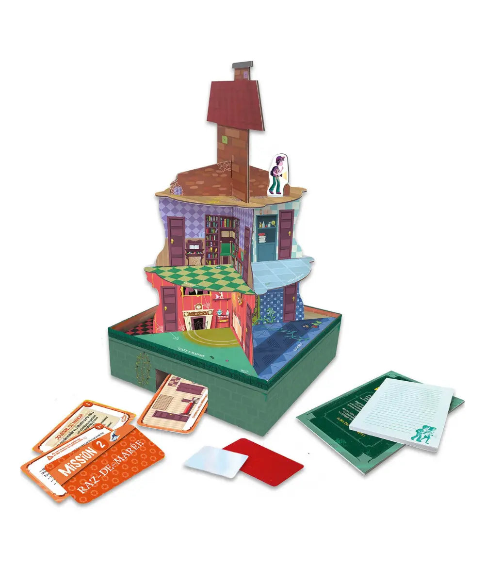 Grand jeu Escape game au manoir hante des éditions Auzou. Un coffret d'énigmes et de cartes pour enfant.