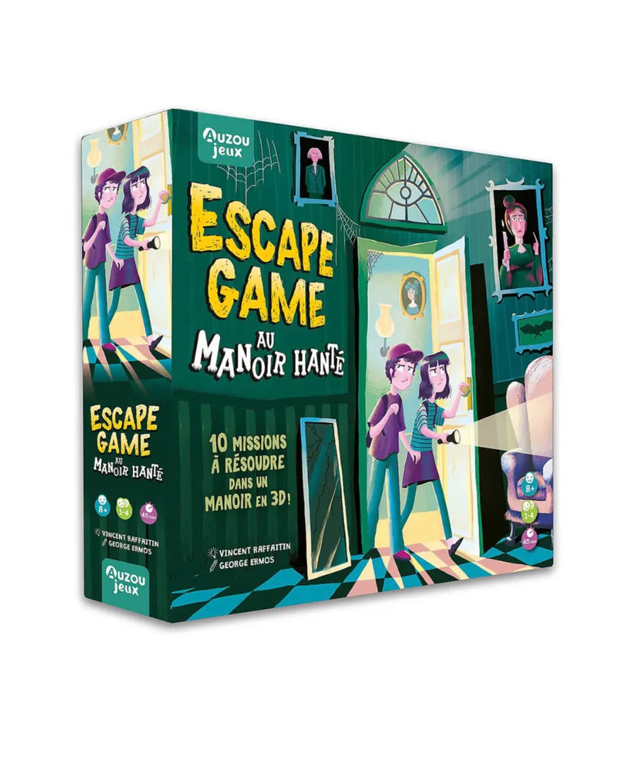 Grand jeu Escape game au manoir hante des éditions Auzou. Un coffret d'énigmes et de cartes pour enfant.