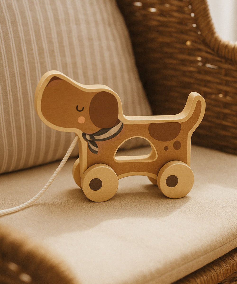 Jouet à tirer en bois Poppy le chien de la marque pour enfants, Mrs. Ertha.