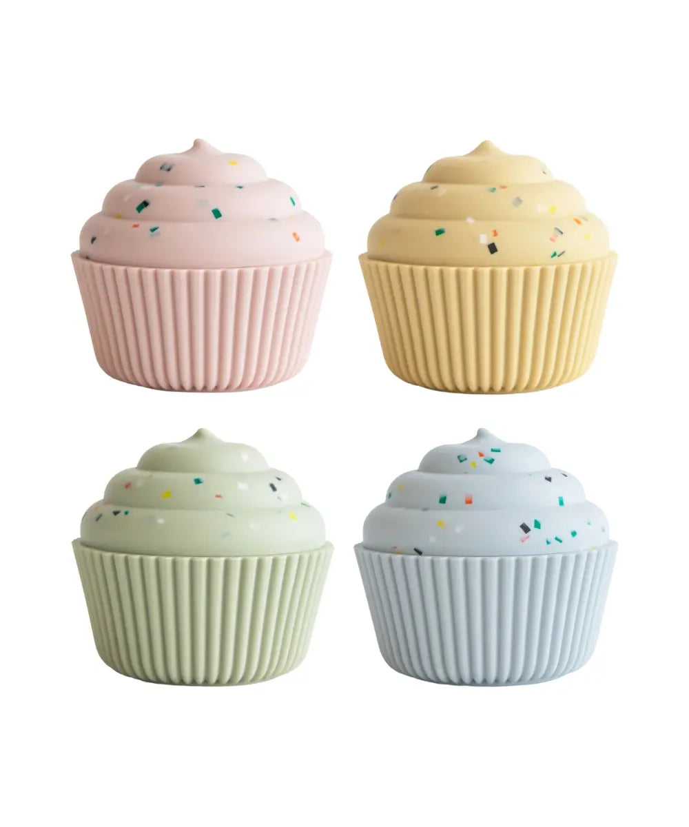 Jouets de bain en silicone pastel forme cupcake demontables Mushie pour bebe