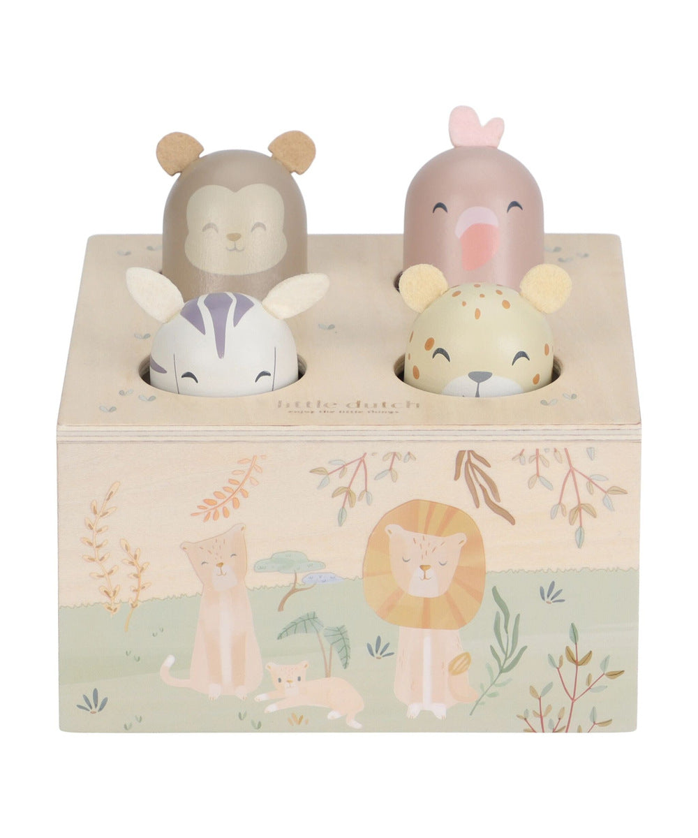 Jouet pop-up en bois Safari Friends Little Dutch sur fond blanc, vue de face