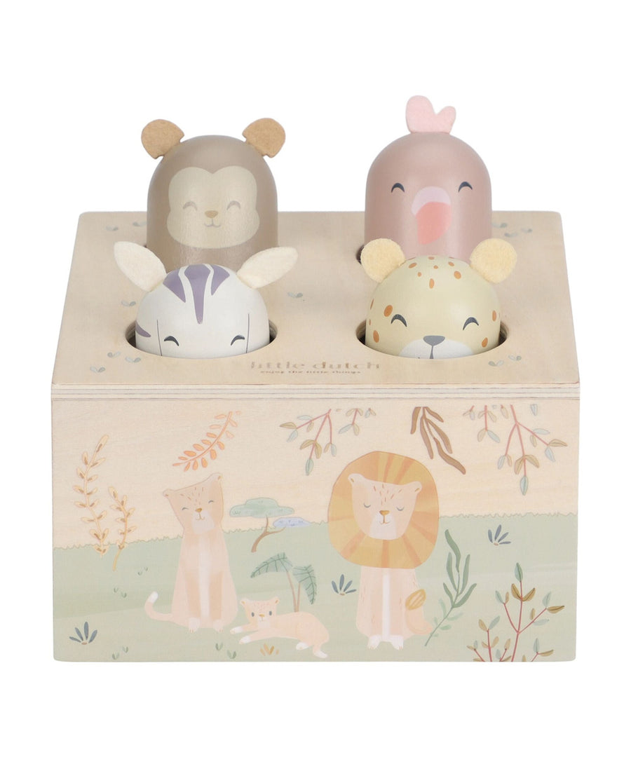 Jouet pop-up en bois Safari Friends Little Dutch sur fond blanc, vue de face