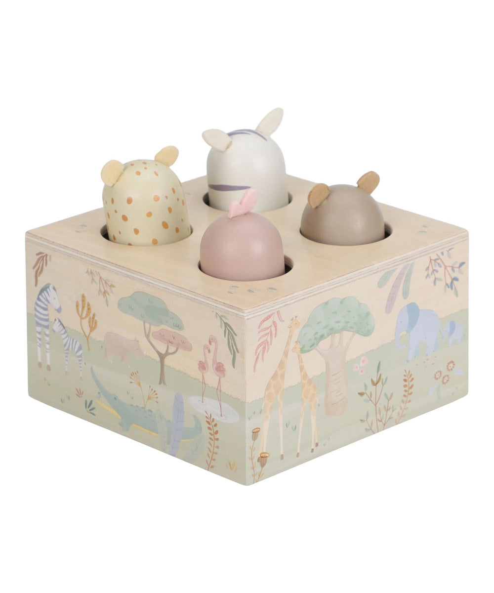 Jouet pop-up Safari Friends sur fond blanc, vue de trois quarts