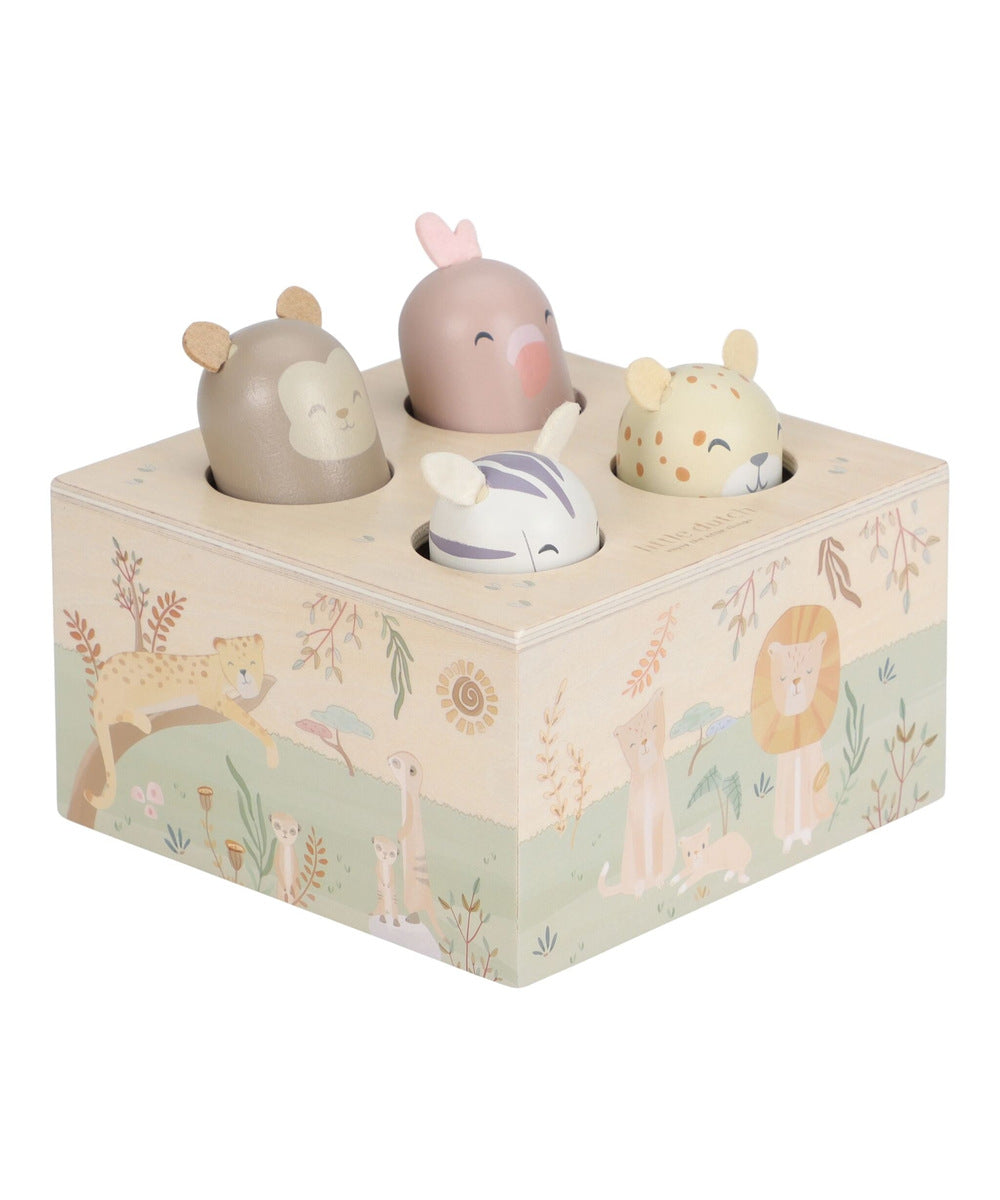 Jouet pop-up Safari Friends vu de l’autre côté sur fond blanc