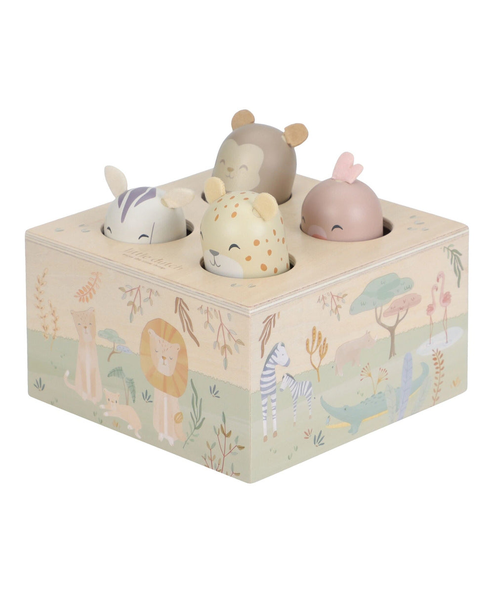 Quatre animaux du jouet pop-up Safari Friends sur fond blanc