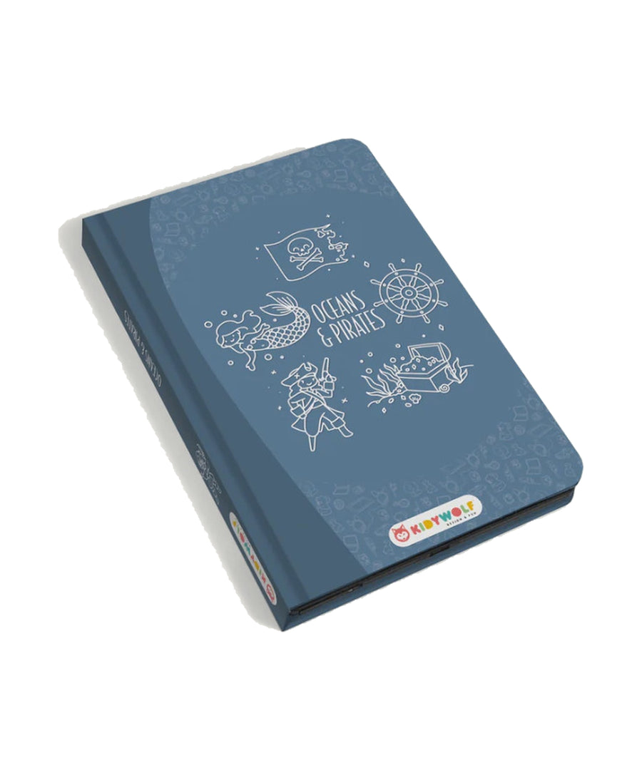 Carnet bleu Kidydraw-Mini Océans et Pirates avec sirène, pirate et coffre sur la couverture