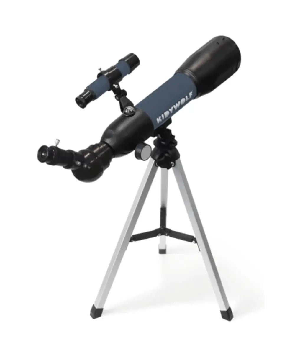Télescope astronomique bleu KIDYTELESCOPE Kidywolf sur son trépied.