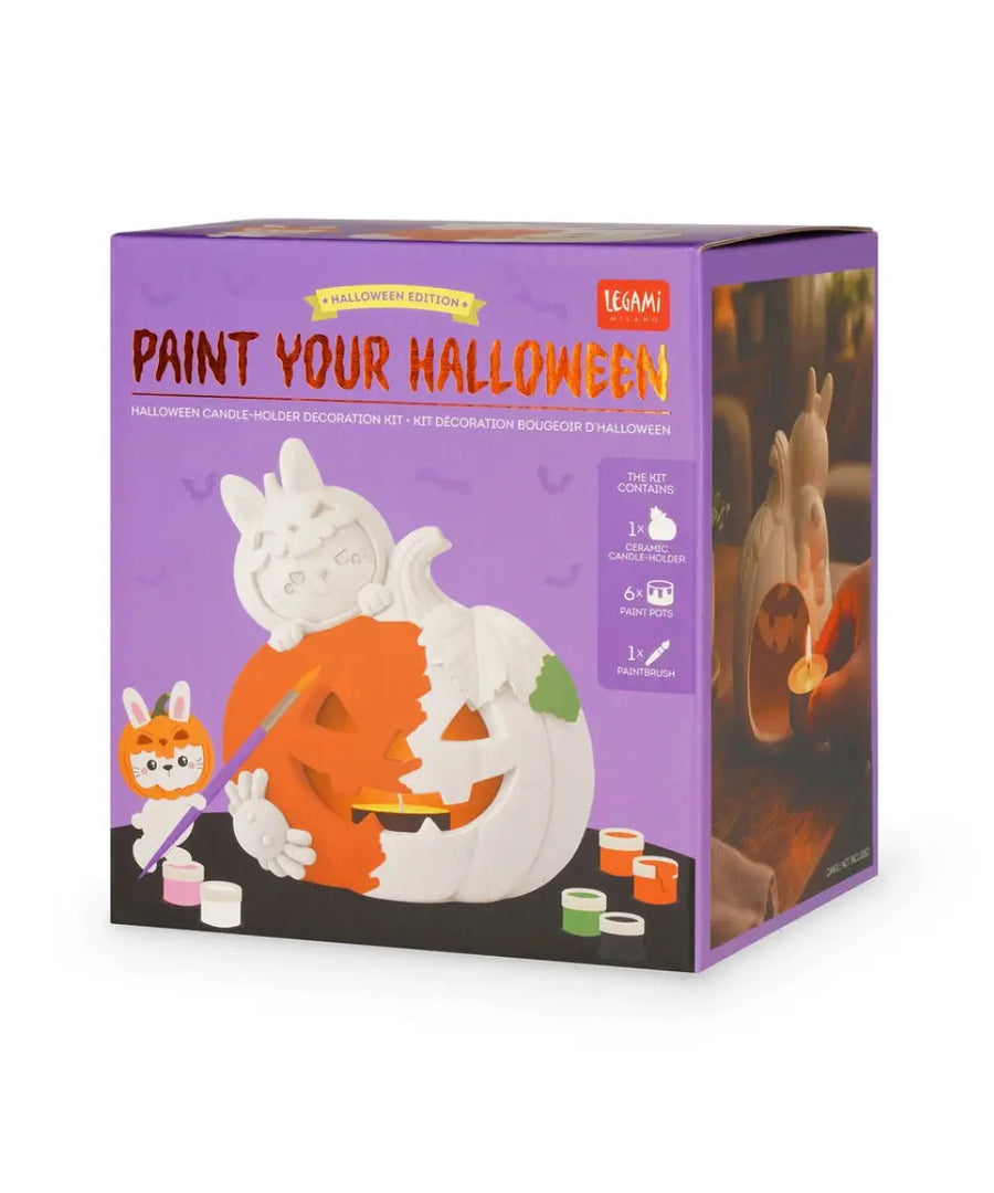 Kit decoration bougeoir d'halloween a peindre en ceramique lapin citrouille legami avec peintures et pinceau.