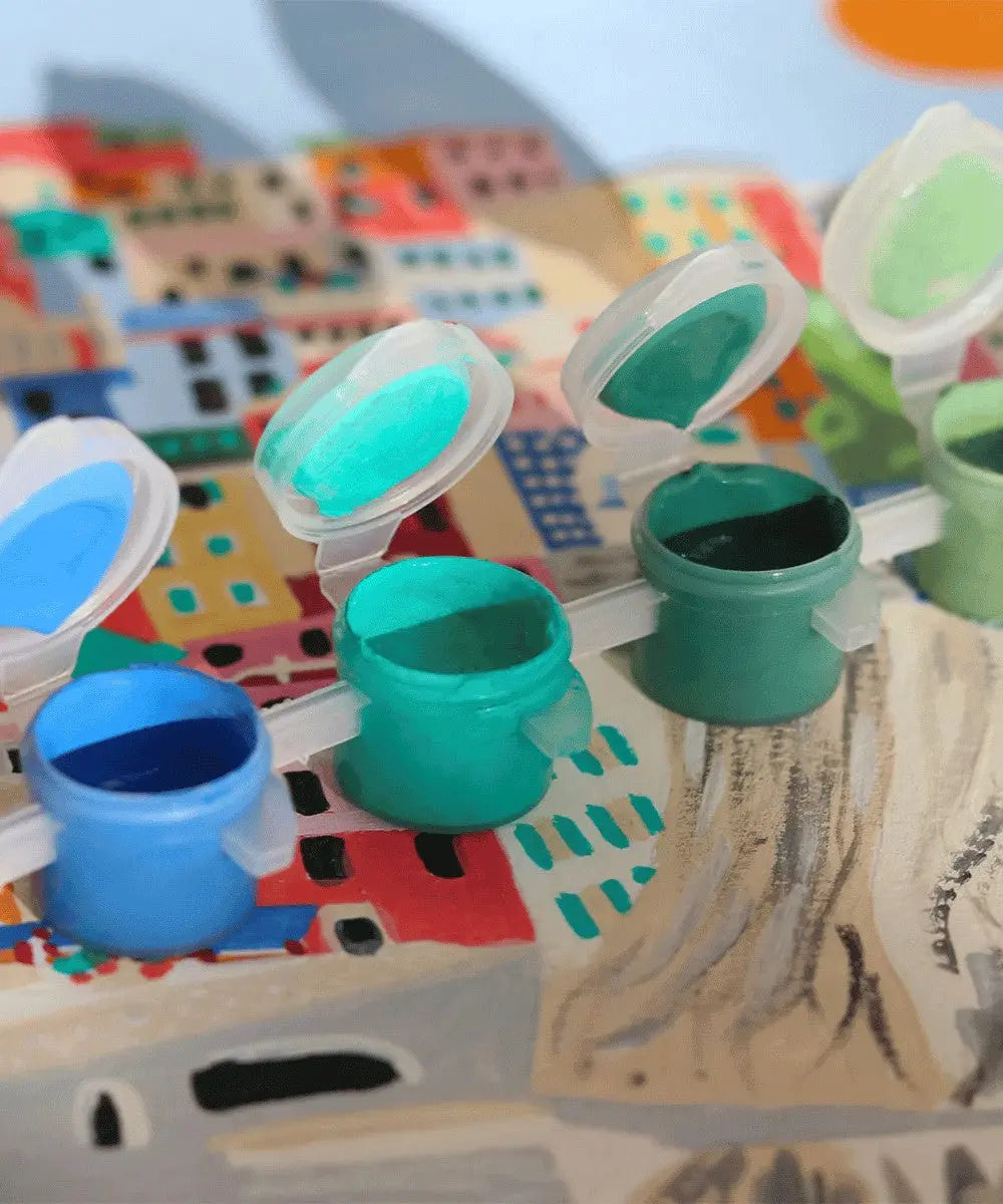 Pots de peinture contenu dans le Kit de Peinture au Numéro Cinque Terre de la Petite Epicerie