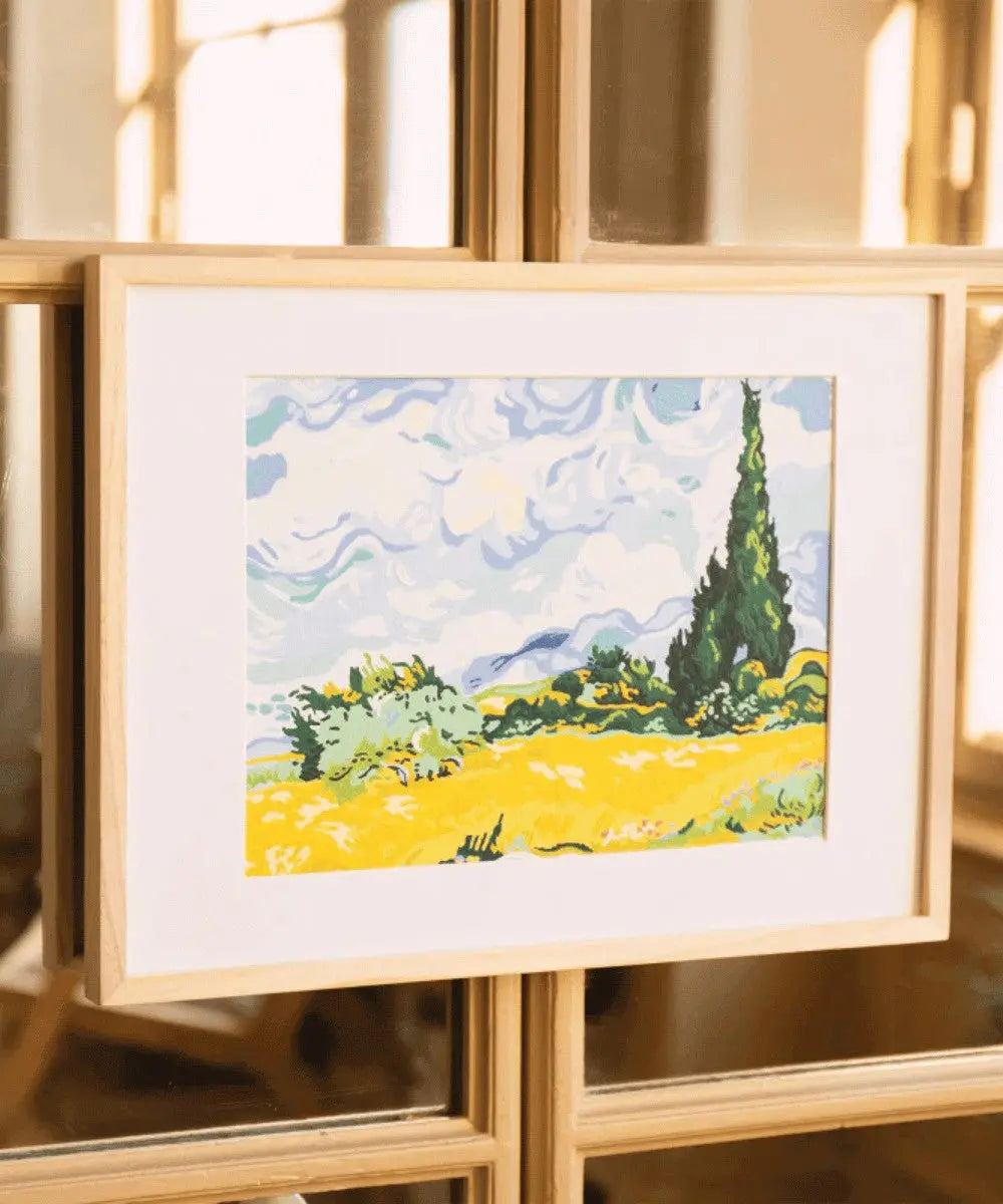 Affiche du Kit Peinture au Numéro Cyprès aux Blés d'Or de La Petite Epicerie encadrée et exposée dans un salon