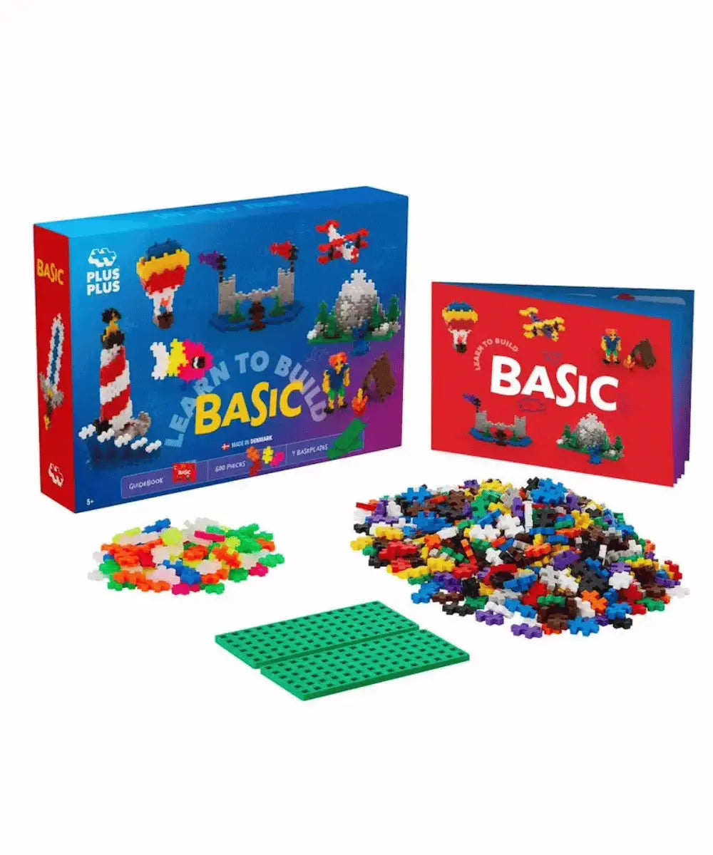 Vue de l'ensemble du contenu du coffret néon et basic de Plus-Plus