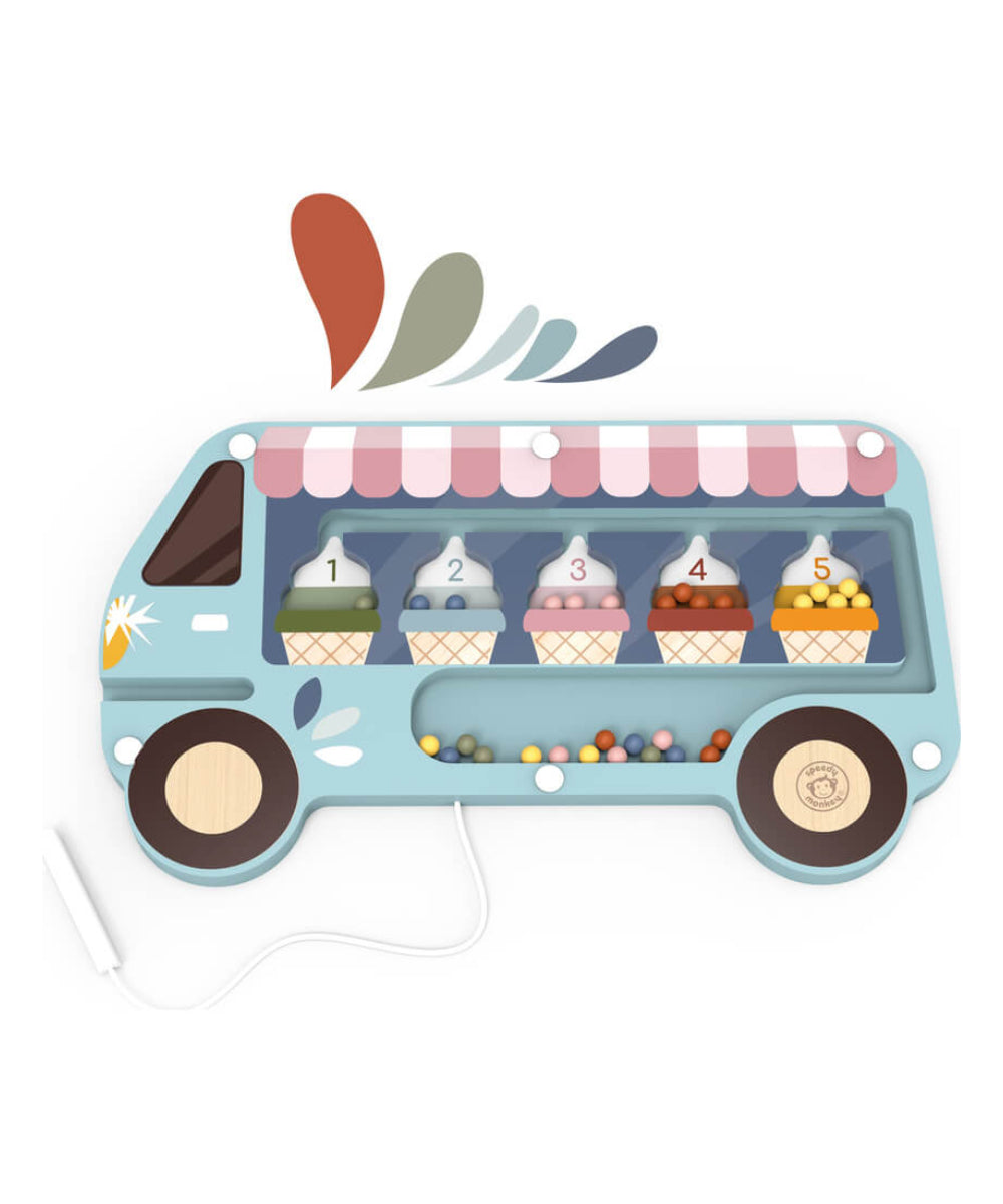 Labyrinthe magnetique en bois camion de glaces speedy monkey avec stylet et billes colorees.