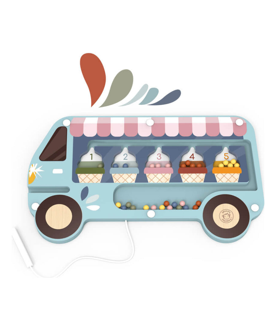 Labyrinthe magnetique en bois camion de glaces speedy monkey avec stylet et billes colorees.