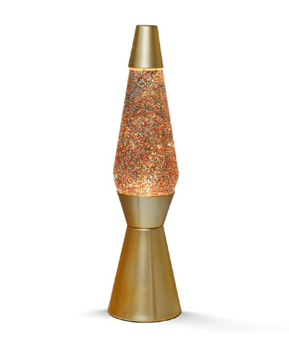 Lampe à lave avec paillettes dorées en mouvement et socle métallique