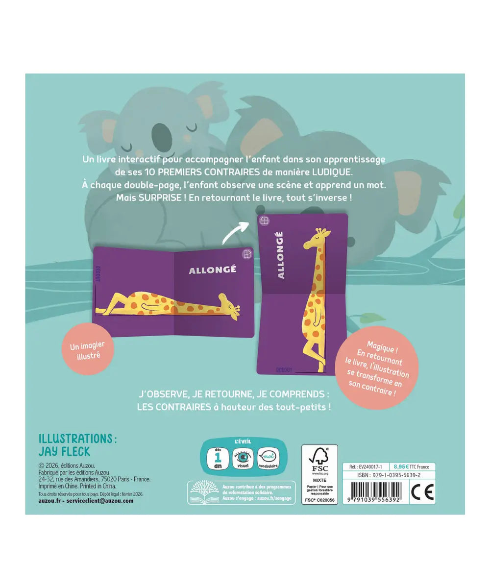 Livre d'éveil cartonné carré pour bébé Les Contraires édité par Auzou.