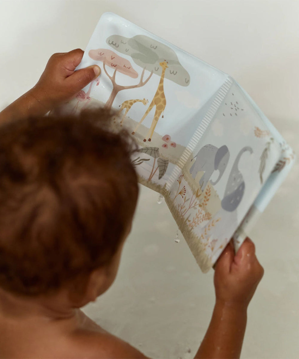 Livre de bain Safari Friends ouvert sur les animaux de la savane