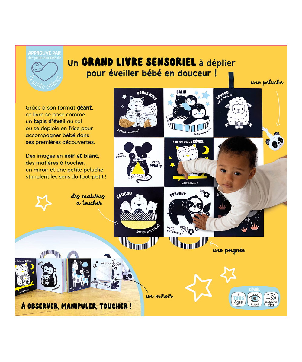 Fonctionnalités du livre d'éveil sensoriel à déplier Auzou avec miroir, textures et peluche