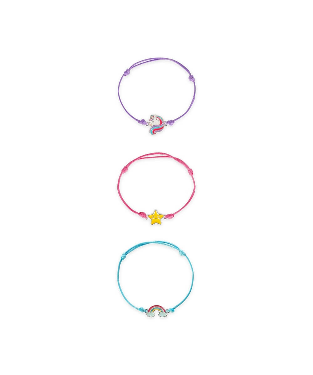 Lot de 3 bracelets Legami Better Together Licorne, motifs licorne, étoile et arc-en-ciel, présentés séparément sur fond blanc