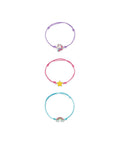 Lot de 3 bracelets Legami Better Together Licorne, motifs licorne, étoile et arc-en-ciel, présentés séparément sur fond blanc