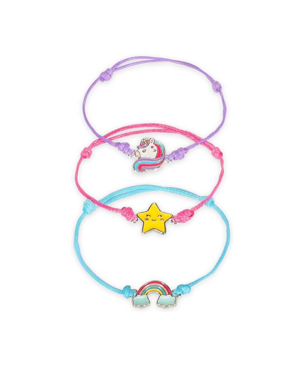 Bracelets Legami Licorne à cordons violet, rose et turquoise, présentés ensemble sur fond blanc