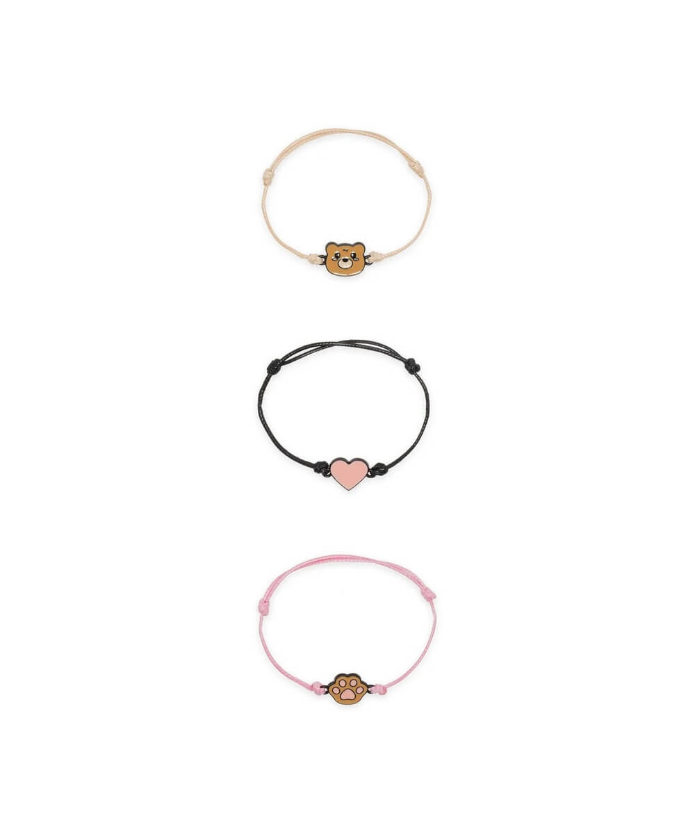 Lot de 3 bracelets Legami Better Together Ourson, motifs ourson, cœur rose et patte, présentés séparément sur fond blanc