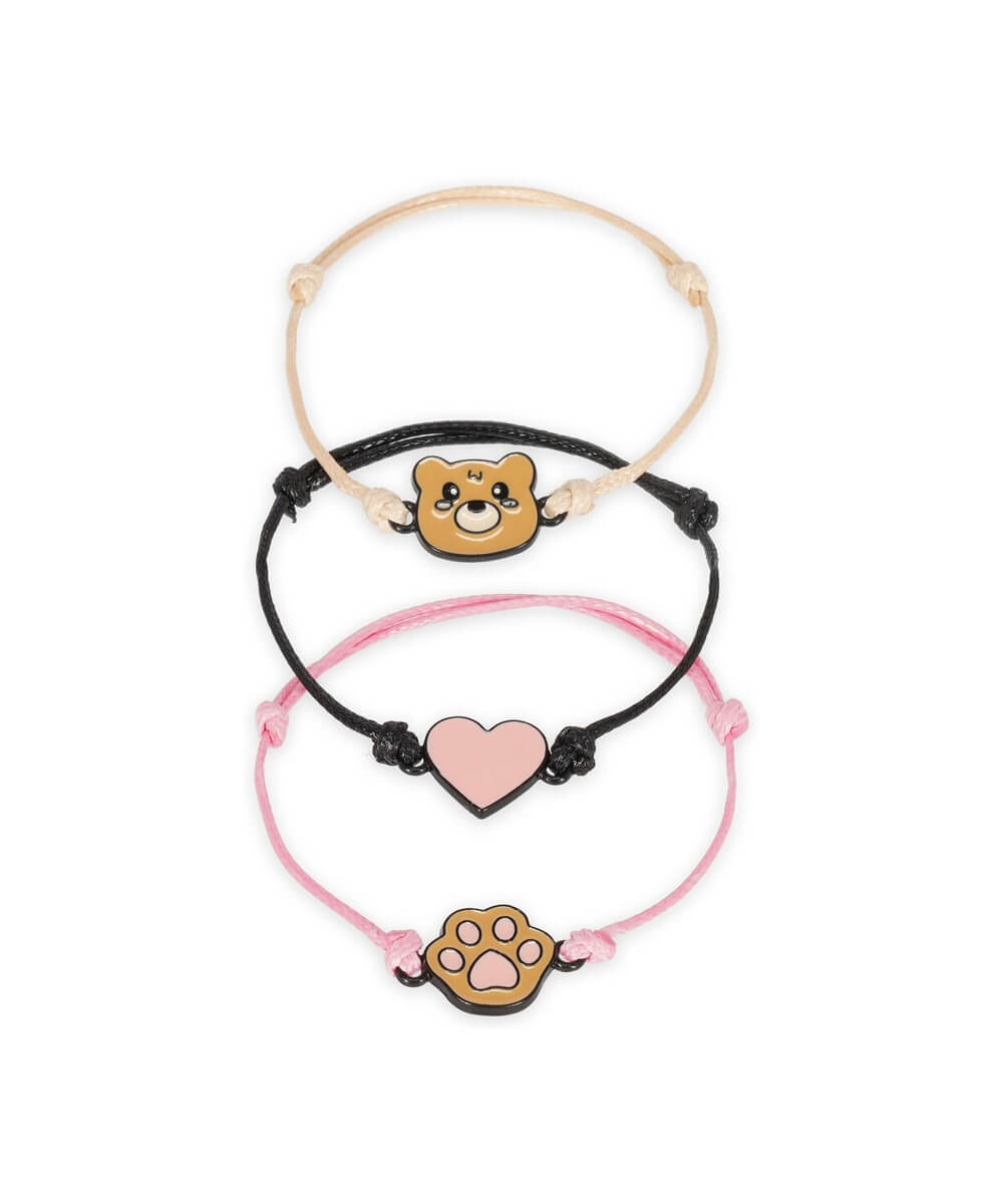Bracelets Legami Ourson à cordons beige, noir et rose, présentés ensemble sur fond blanc