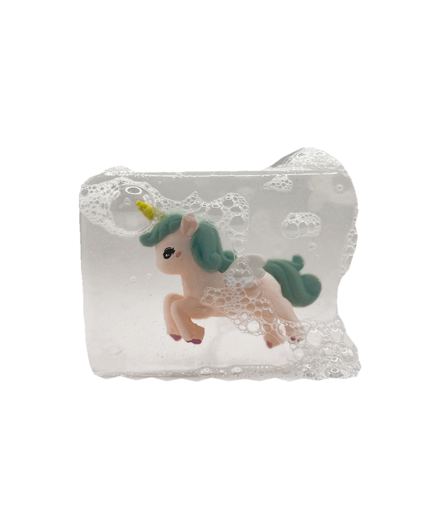 Savon Ludi Soap avec figurine licorne bleue, cadrage harmonisé sur fond blanc