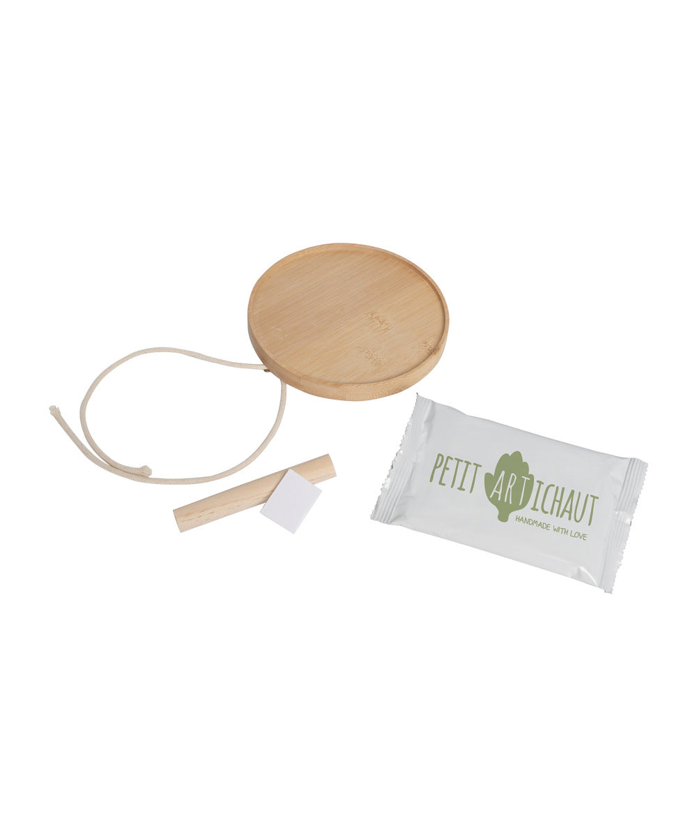Contenu du kit Médaillon Empreinte Bois Petit Artichaut sur fond blanc