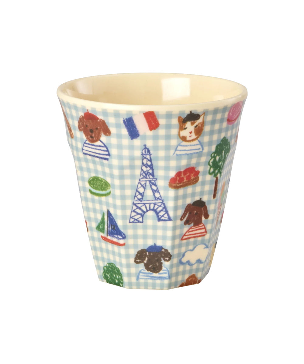 Gobelet en mélamine de taille moyenne bleu avec motifs illustrés rétro de la ville de Paris de la marque Rice.