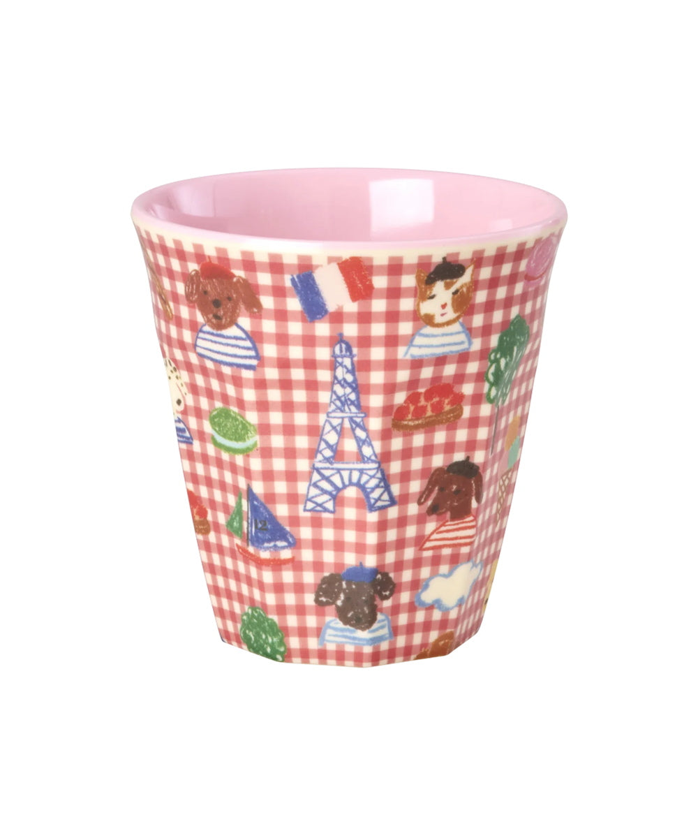 Gobelet en mélamine de taille moyenne bleu avec motifs illustrés rétro de la ville de Paris de la marque Rice