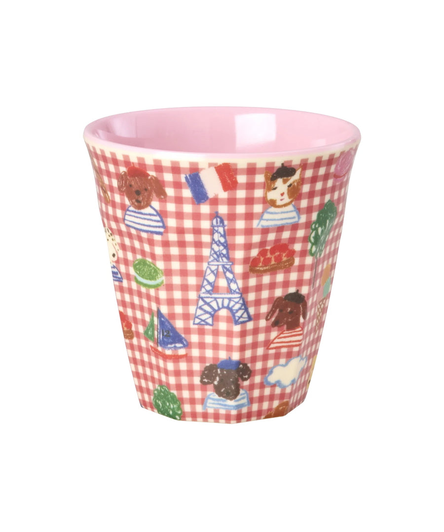 Gobelet en mélamine de taille moyenne bleu avec motifs illustrés rétro de la ville de Paris de la marque Rice