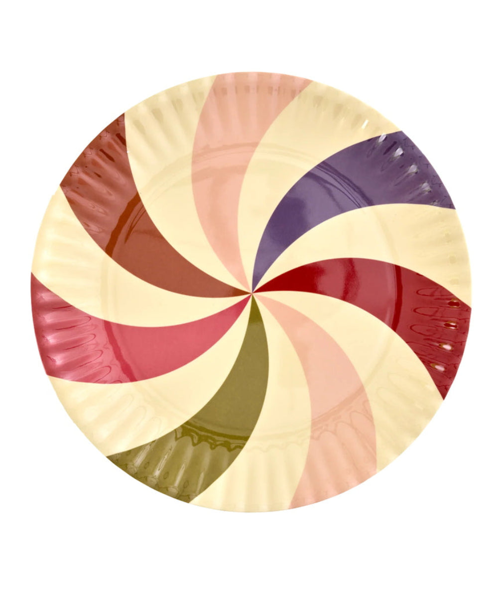 Grand plat de service rond en mélamine robuste avec motifs de rayures colorées en spirale de la marque Rice.