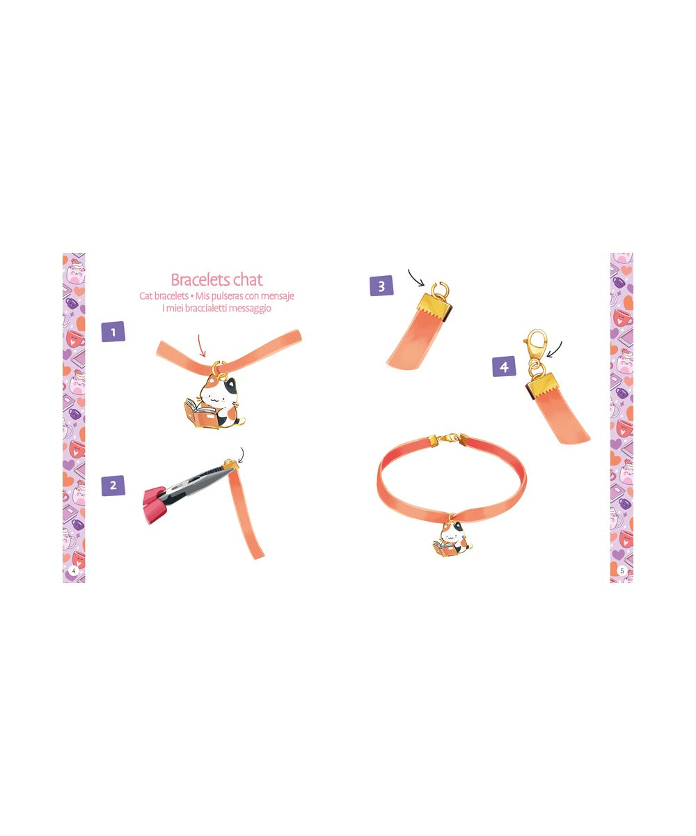 Étapes illustrées pour assembler un bracelet avec ruban et breloque chat du coffret Auzou