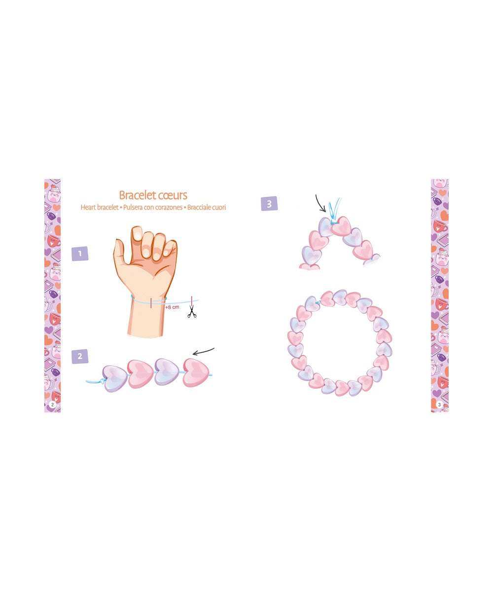 Étapes illustrées pour enfiler les perles cœur et réaliser un bracelet du coffret Auzou