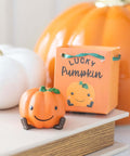Mini citrouille porte-bonheur sélection Merci Léonie, présentée devant son emballage Lucky Pumpkin
