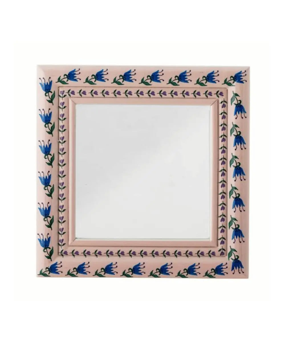Miroir mural en bois de sapin rose et peint de fleurs bleues