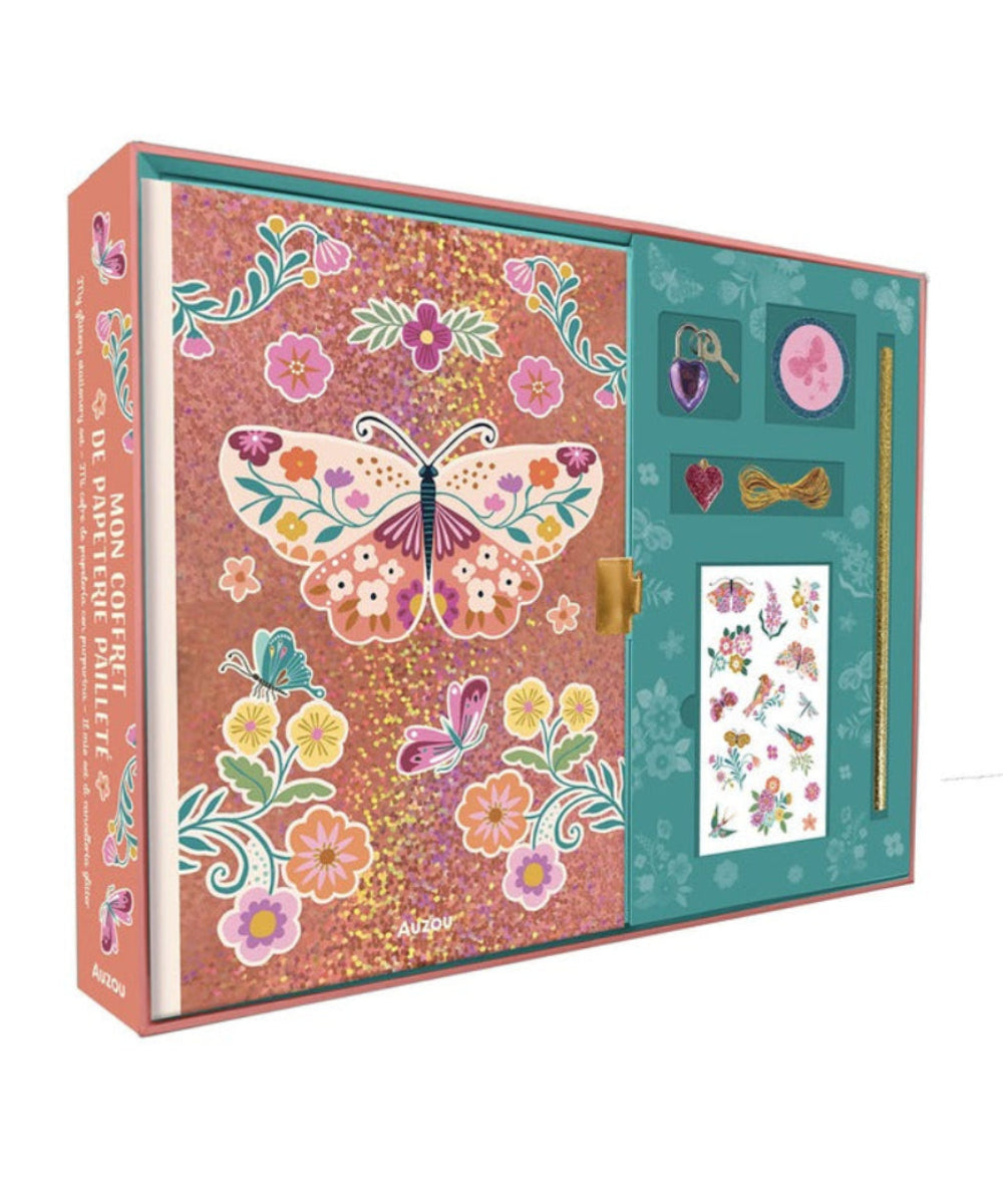 Mon coffret de papeterie paillete avec carnet et bijoux fantaisie par auzou.