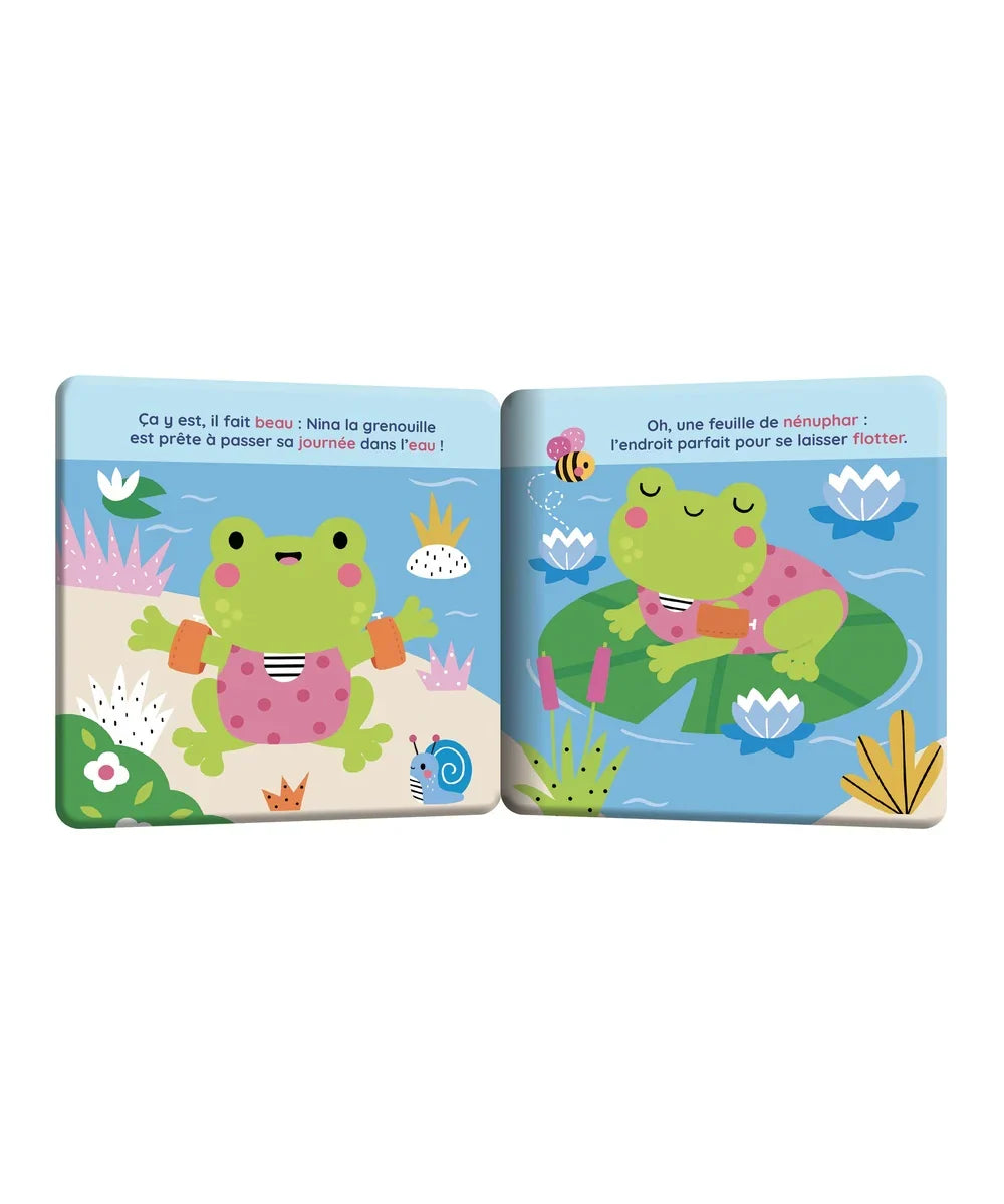 Livre de bain Nina la Grenouille Auzou ouvert sur ses pages illustrées