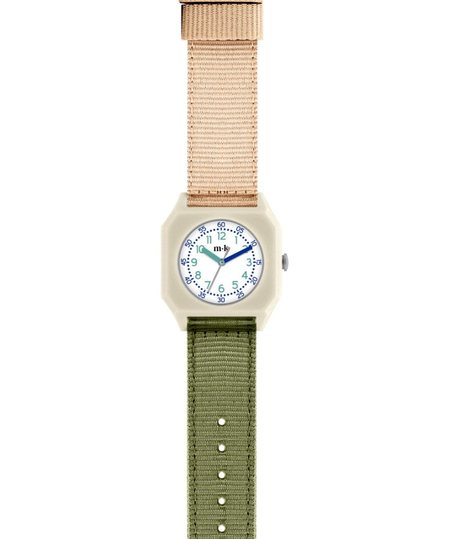 Montre Kaki Rose Pâle Mini Kyomo avec bracelet rose et kaki sur fond blanc