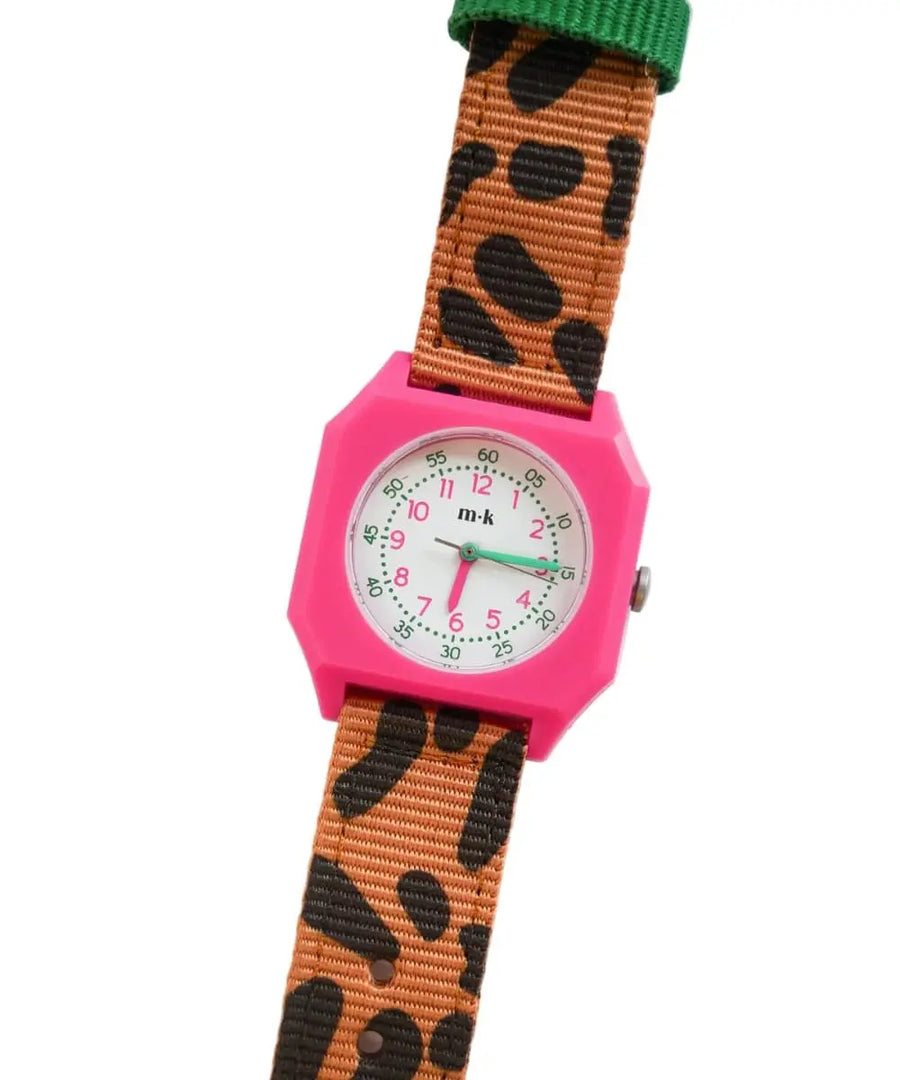 Montre pour enfant ou adulte avec bracelet à imprimé léopard et cadran coloré Mini Kyomo en collaboration avec Taxi Brousse