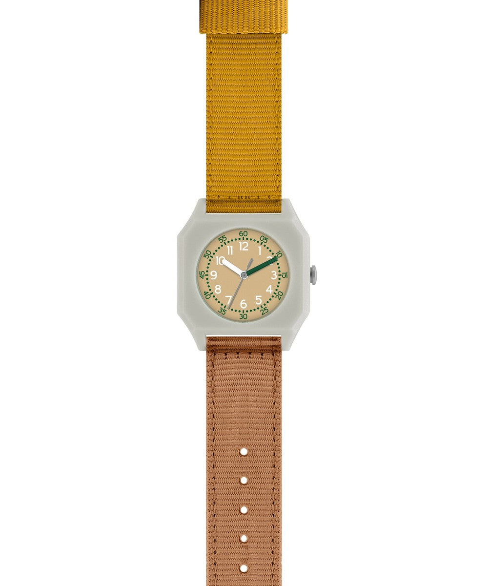 Montre enfant et femme sunburn camel et jaune de Mini Kyomo avec cadran pedagogique et bracelet nylon.