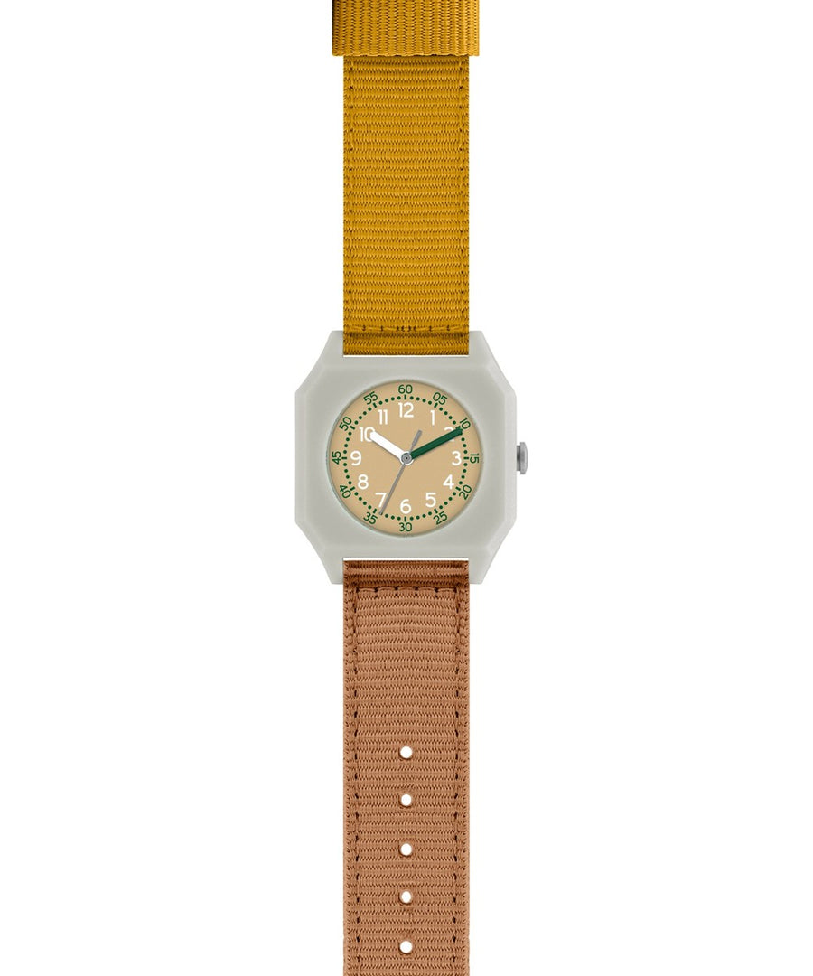 Montre enfant et femme sunburn camel et jaune de Mini Kyomo avec cadran pedagogique et bracelet nylon.