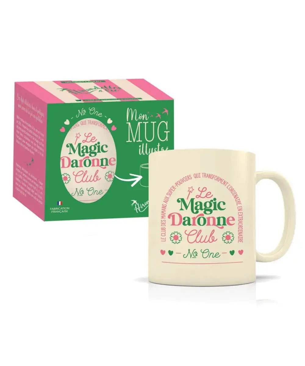 Mug Club Daronne sur un fond blanc accompagné de sa boîte cadeau colorée